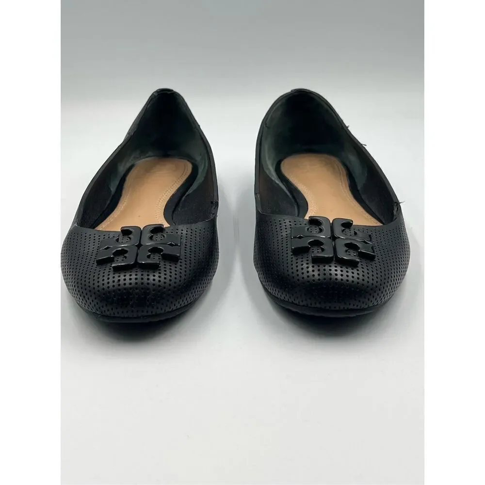 Tory Burch Lowell 2 Perforated Black Leather Ballerina Ballet Flat w Logo Size 7